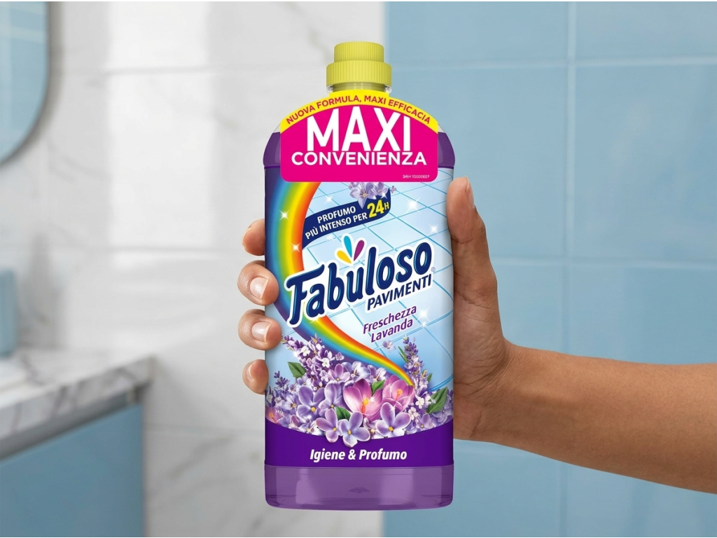 Fabuloso čistič na podlahy s vůní levandule 1,25 l - praktická láhev v ruce