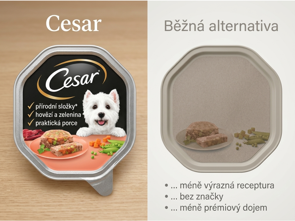 Cesar vanička pro psy hovězí se zeleninovým srdcem 150 g - srovnání s běžným krmivem