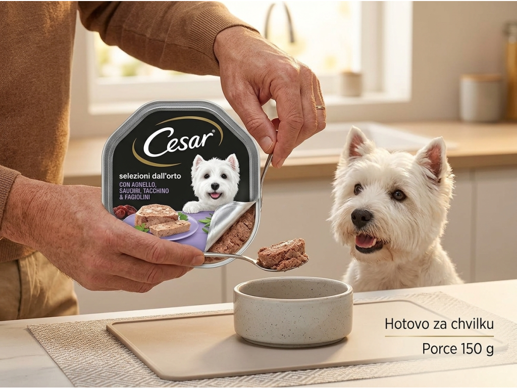 Cesar paštika pro psy s jehněčím, krůtím masem a fazolkami 150 g - servírování do misky