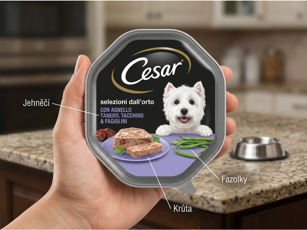 Cesar paštika pro psy s jehněčím, krůtím masem a fazolkami 150 g - detail balení