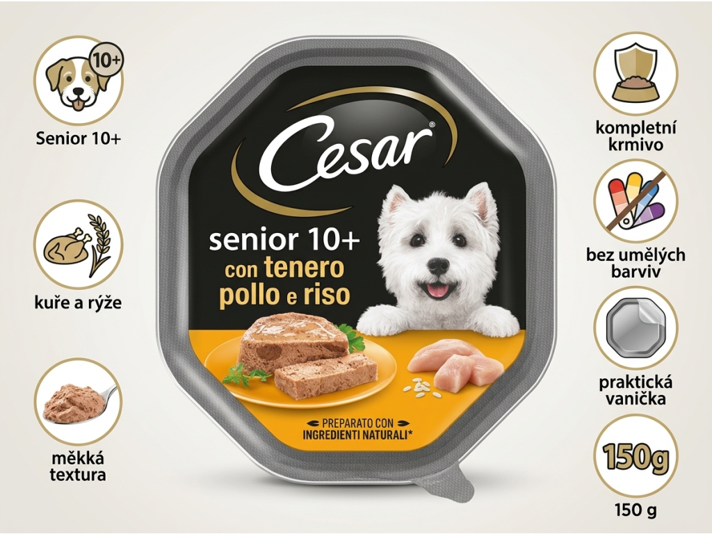 Cesar krmivo pro psy Senior 10+ s kuřecím masem a rýží 150 g - benefity