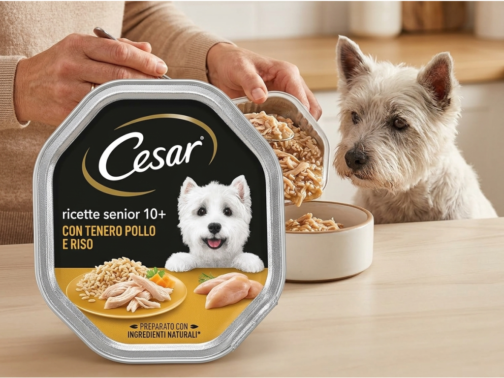 Cesar krmivo pro psy Senior 10+ s kuřecím masem a rýží 150 g - servírování