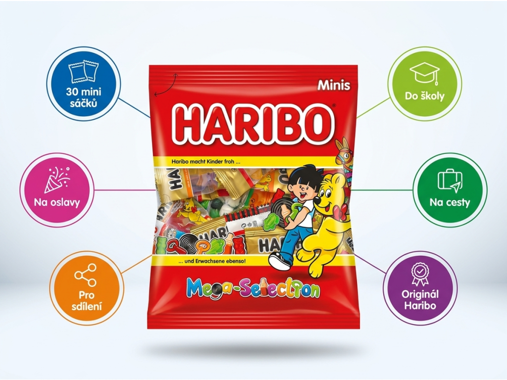 Haribo Mega Selections Minis 30 ks 425 g - výhody balení
