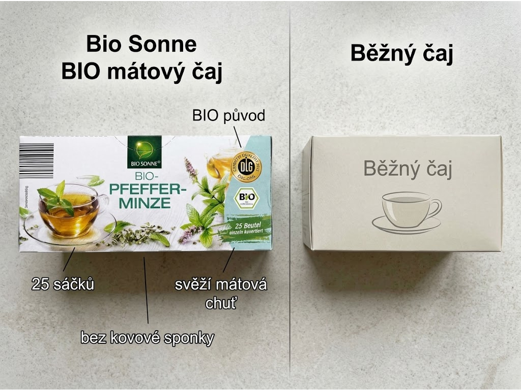 Bio Sonne BIO mátový čaj 25 ks, 56,25 g - srovnání s běžným čajem