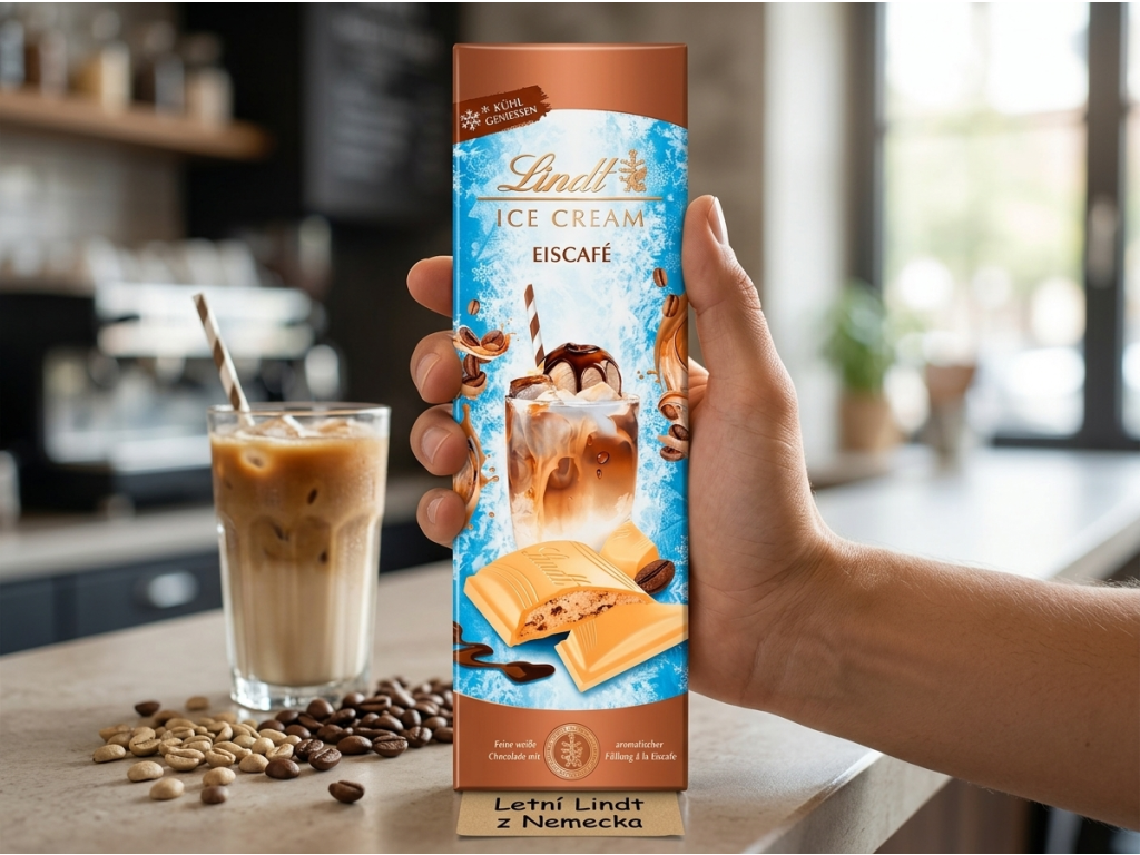Lindt Ice Cream bílá čokoláda s kávovou náplní 100 g - detail v ruce