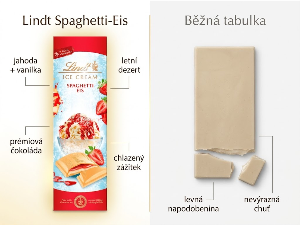 Lindt bílá čokoláda Špagetová zmrzlina 100 g - srovnání s běžnou čokoládou
