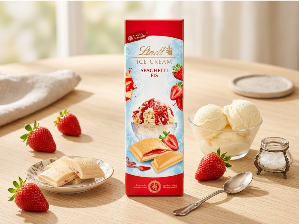 Lindt bílá čokoláda Špagetová zmrzlina 100 g - letní dezertní atmosféra