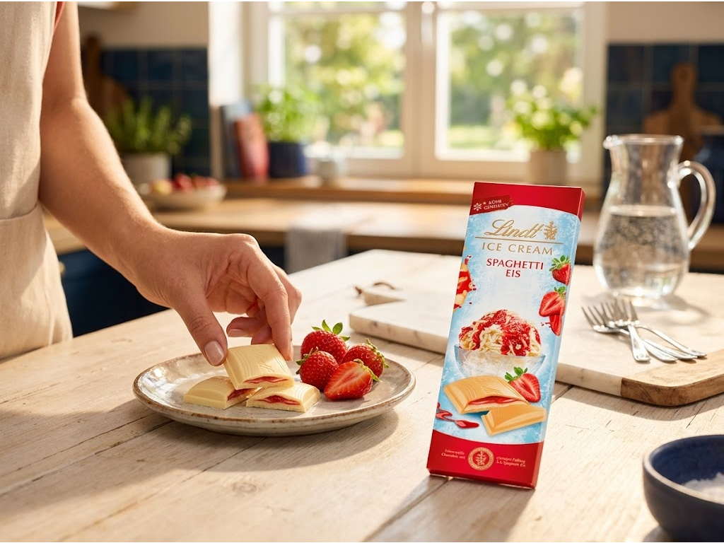 Lindt bílá čokoláda Špagetová zmrzlina 100 g - servírování čokolády