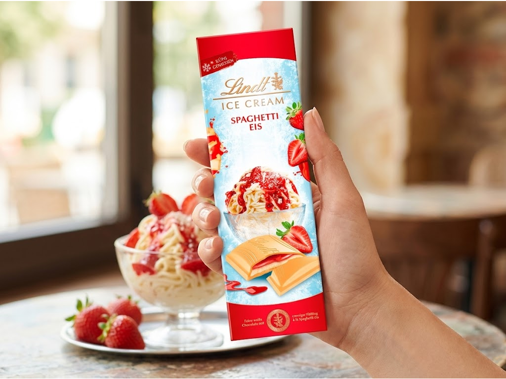 Lindt bílá čokoláda Špagetová zmrzlina 100 g - produkt v ruce