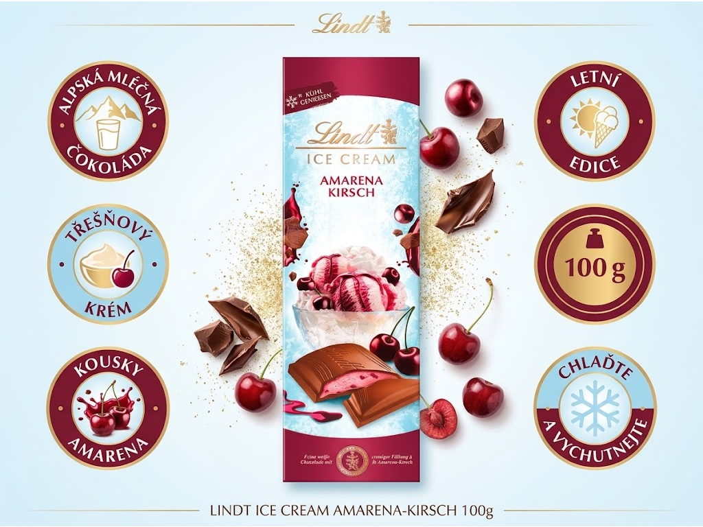 Lindt zmrzlinová mléčná čokoláda Amarena třešeň 100 g - hlavní výhody