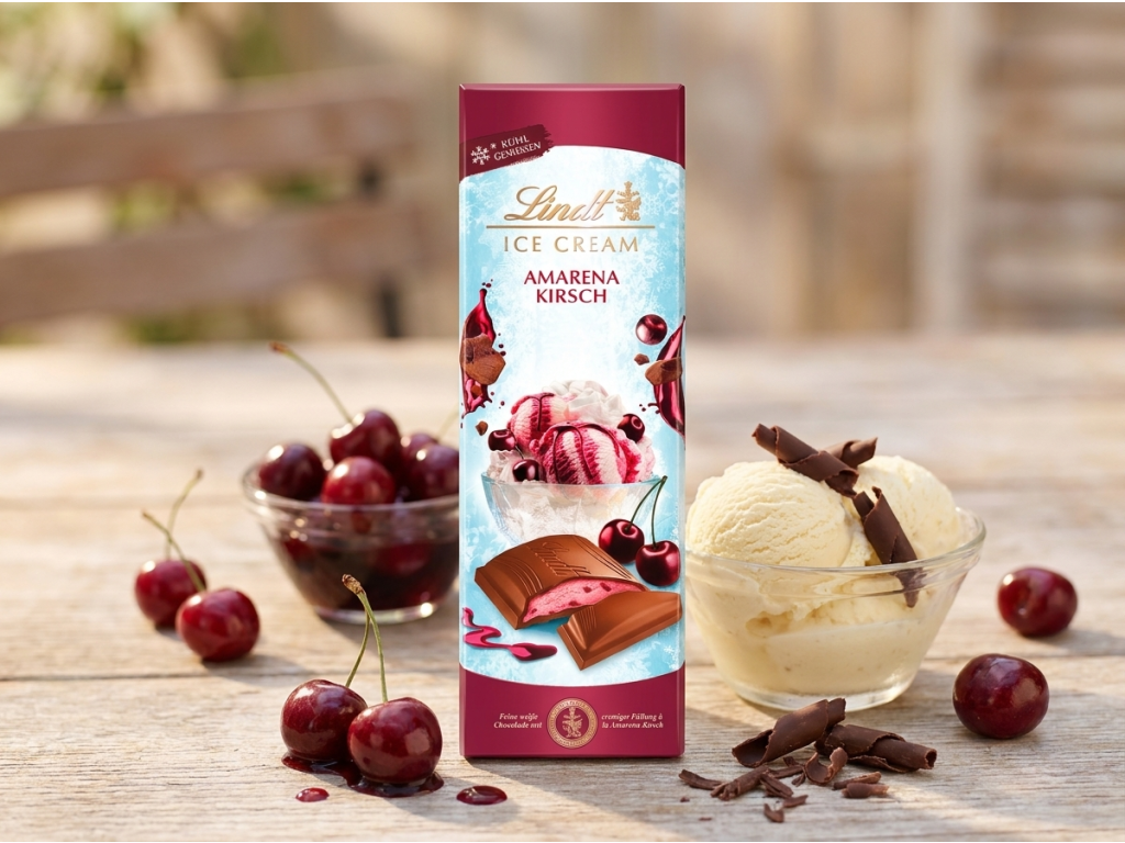 Lindt zmrzlinová mléčná čokoláda Amarena třešeň 100 g - letní dezertní chuť