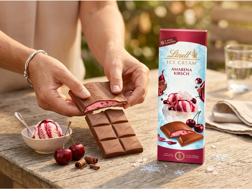 Lindt zmrzlinová mléčná čokoláda Amarena třešeň 100 g - podávání