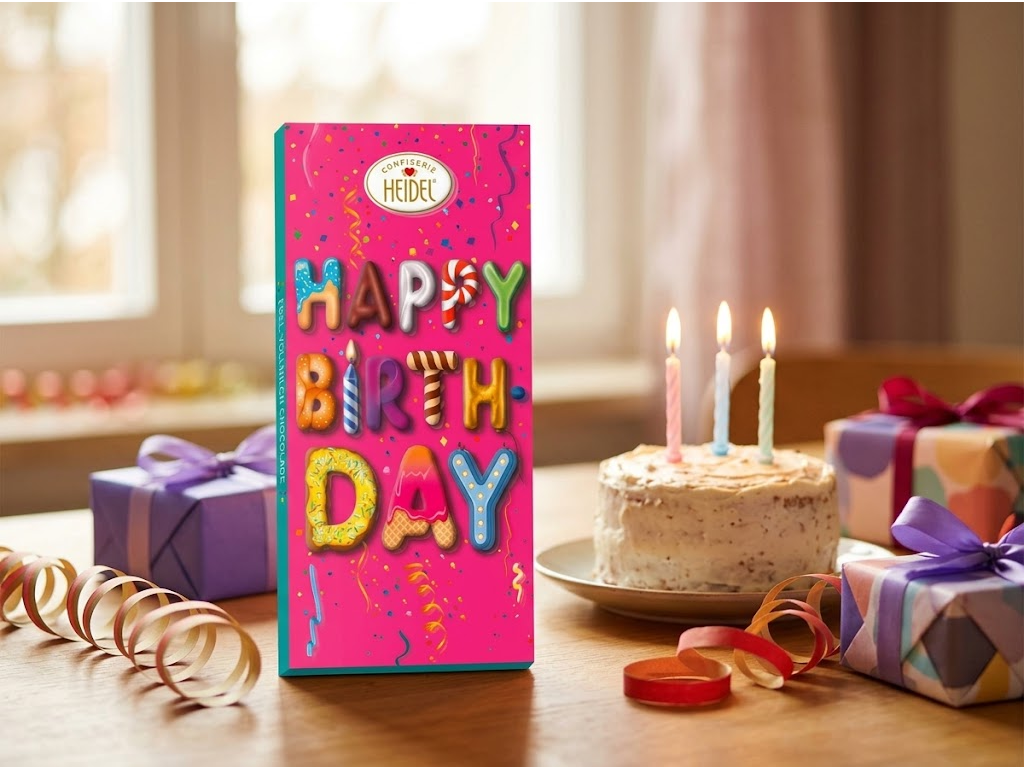 Heidel Happy Birthday 3D mléčná čokoláda 100 g - narozeninová atmosféra
