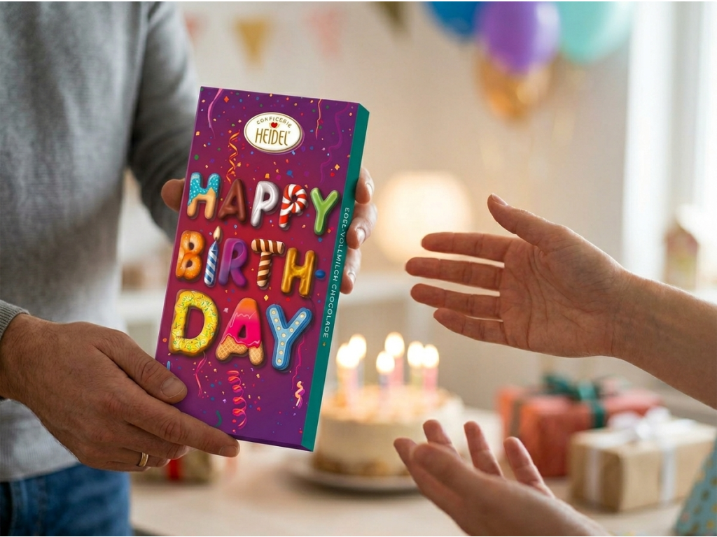 Heidel Happy Birthday 3D mléčná čokoláda 100 g - předání dárku