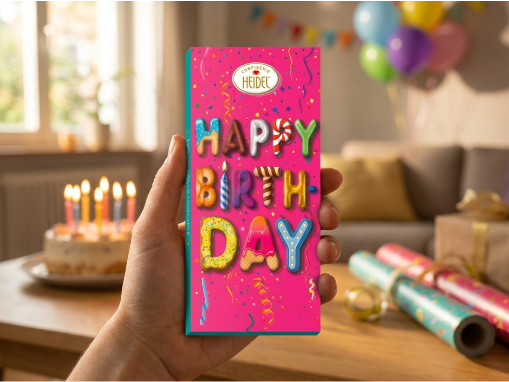 Heidel Happy Birthday 3D mléčná čokoláda 100 g - v ruce