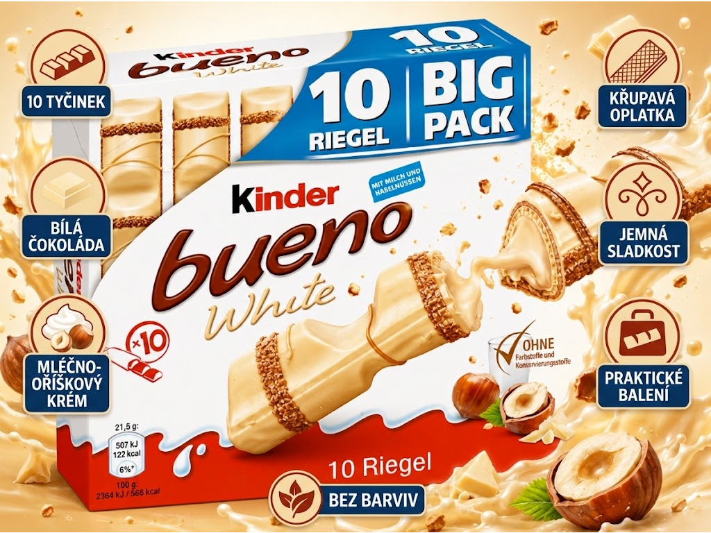 Kinder bueno White bílé oplatkové tyčinky 10 ks, 215 g - hlavní výhody