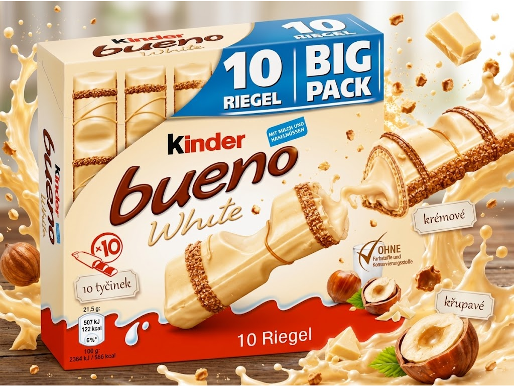 Kinder bueno White bílé oplatkové tyčinky 10 ks, 215 g - chuť a suroviny