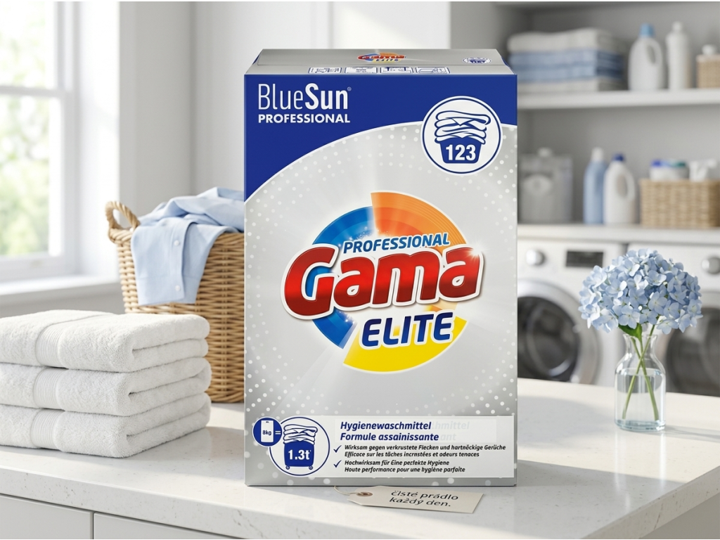 Gama Elite Professional prací prášek v prostředí čistého prádla