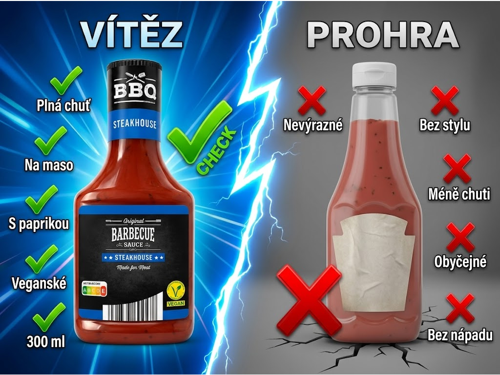 BBQ originální barbecue omáčka Steakhouse 300 ml srovnání s běžnou omáčkou