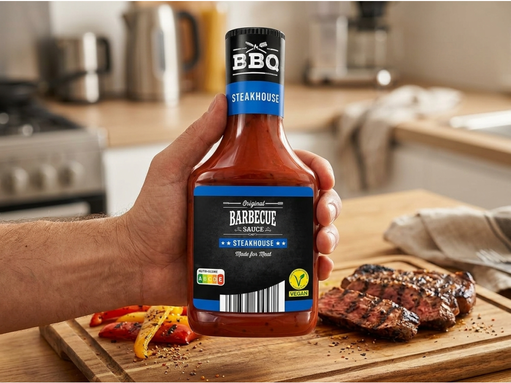 BBQ originální barbecue omáčka Steakhouse 300 ml v ruce