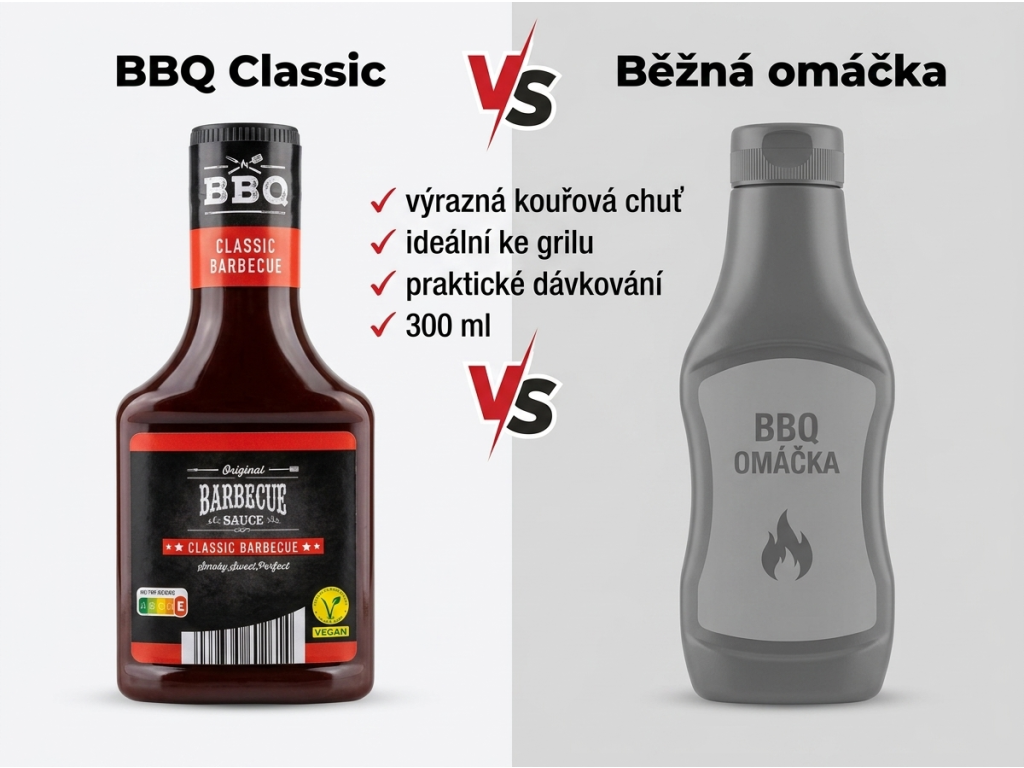 BBQ Originální barbecue omáčka classic 300 ml - srovnání s běžnou omáčkou