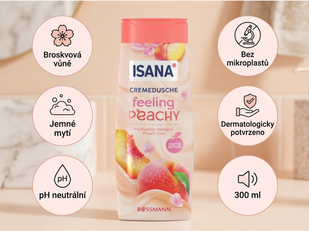 Isana sprchový gel Feeling Peachy s vůní broskve 300 ml - hlavní benefity