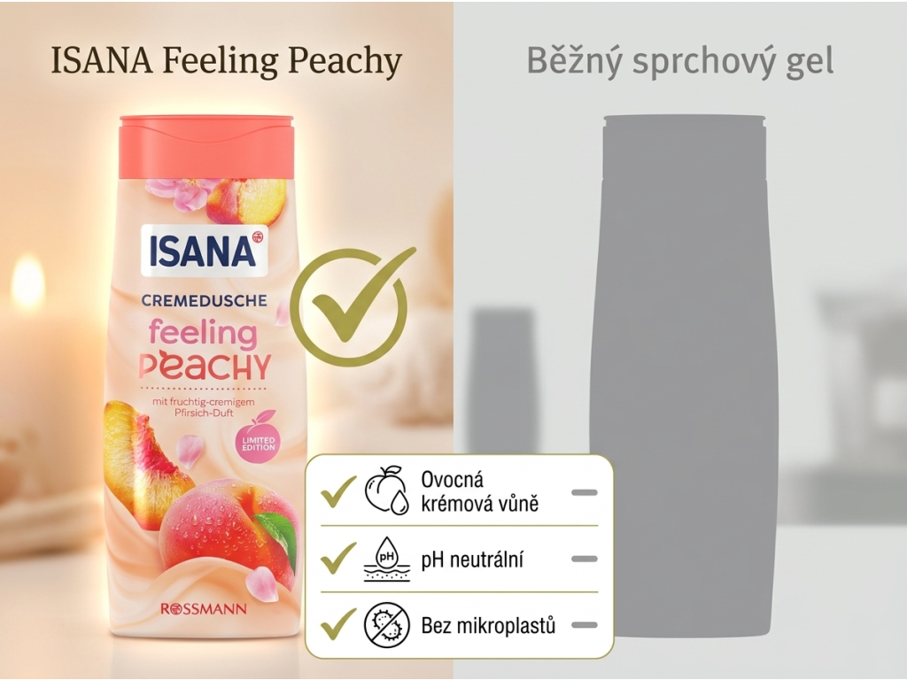 Isana sprchový gel Feeling Peachy s vůní broskve 300 ml - srovnání s běžným gelem