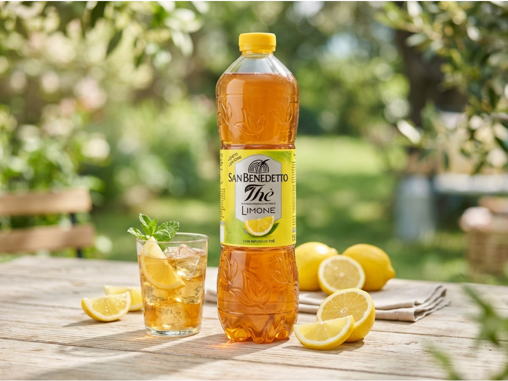 San Benedetto citronový ledový čaj 1,5 l v letním prostředí