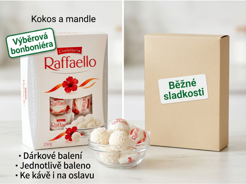 Raffaello 230 g srovnání s běžnými sladkostmi