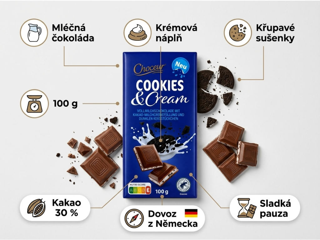 Choceur mléčná čokoláda se sušenkami 100 g - výhody