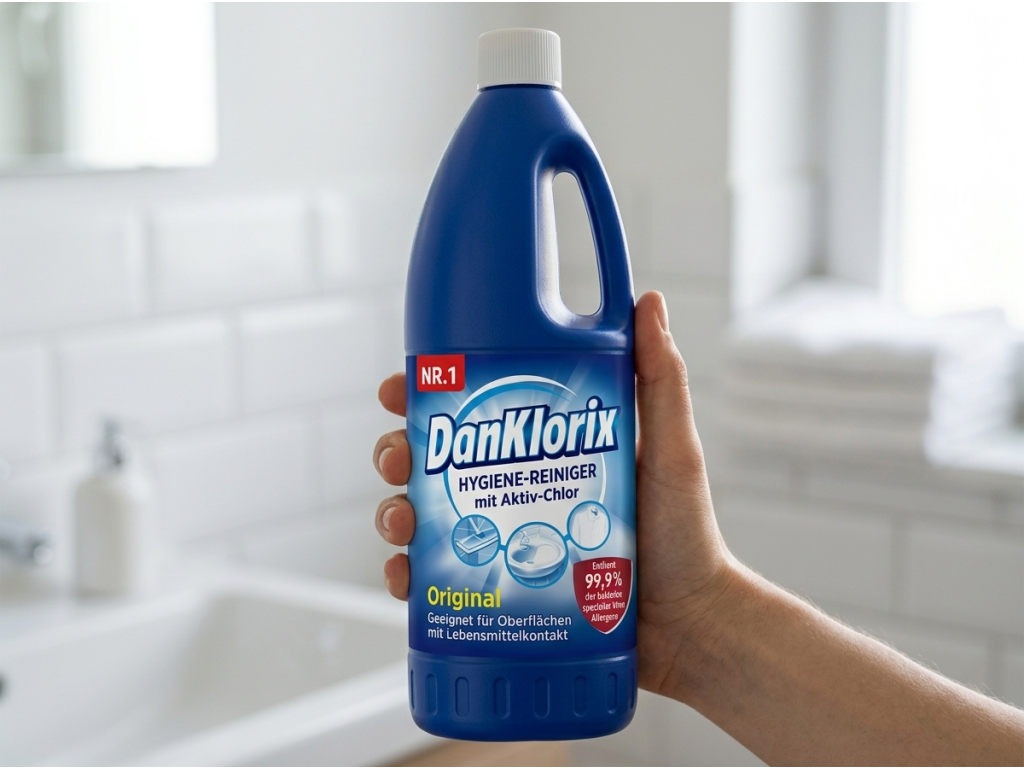 Dan Klorix Original hygienický čistič s aktivním chlorem - práce s lahví