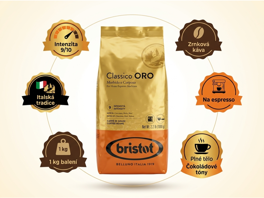 Bristot Classico Oro zrnková káva 1 kg - hlavní benefity