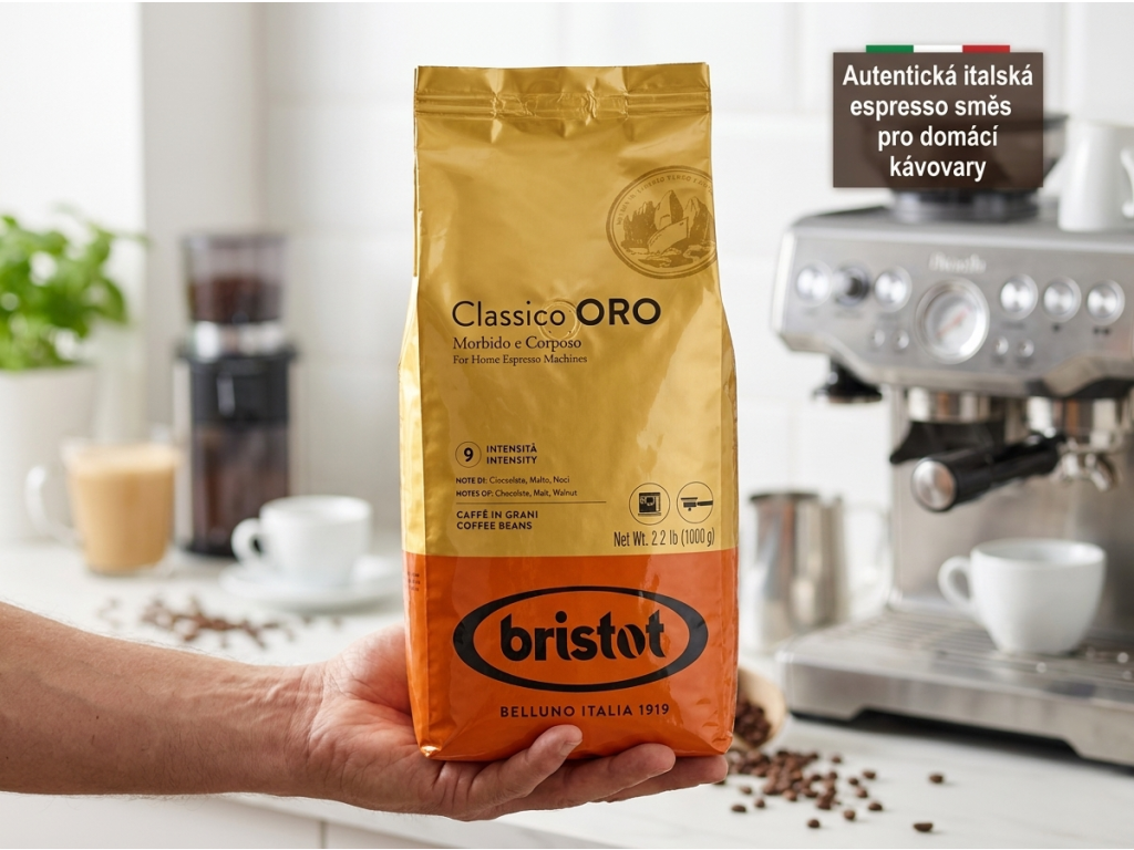 Bristot Classico Oro zrnková káva 1 kg - balení v ruce