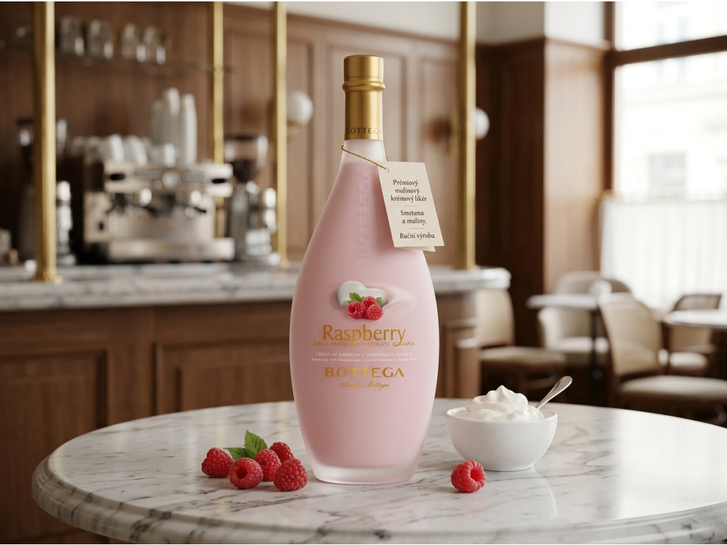 Bottega Raspberry na dezertním stole s malinami