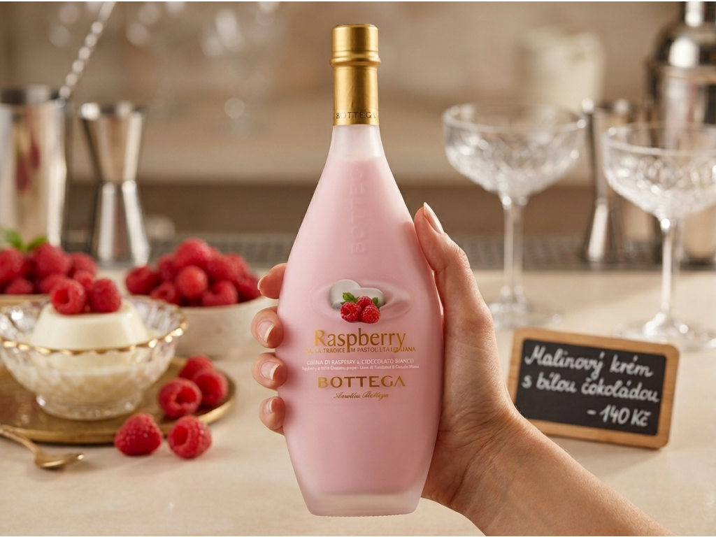 Bottega Raspberry lahev držená v ruce