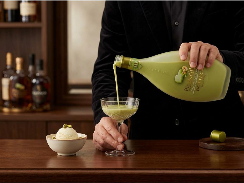 Bottega Pistacchio krémový pistáciový likér 17 %, 0,5 l - servírování