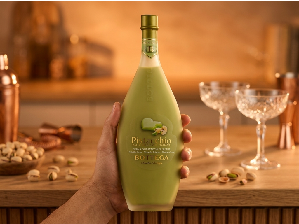 Bottega Pistacchio krémový pistáciový likér 17 %, 0,5 l - lahev v ruce