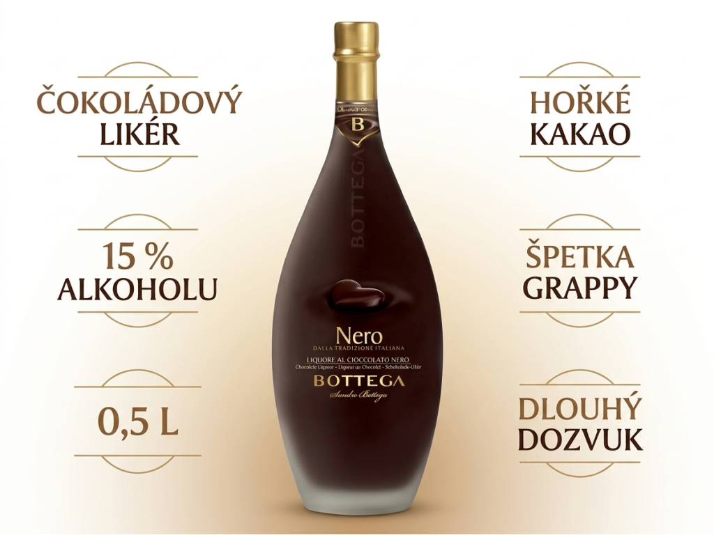 Bottega Nero 15 % - benefity čokoládového likéru