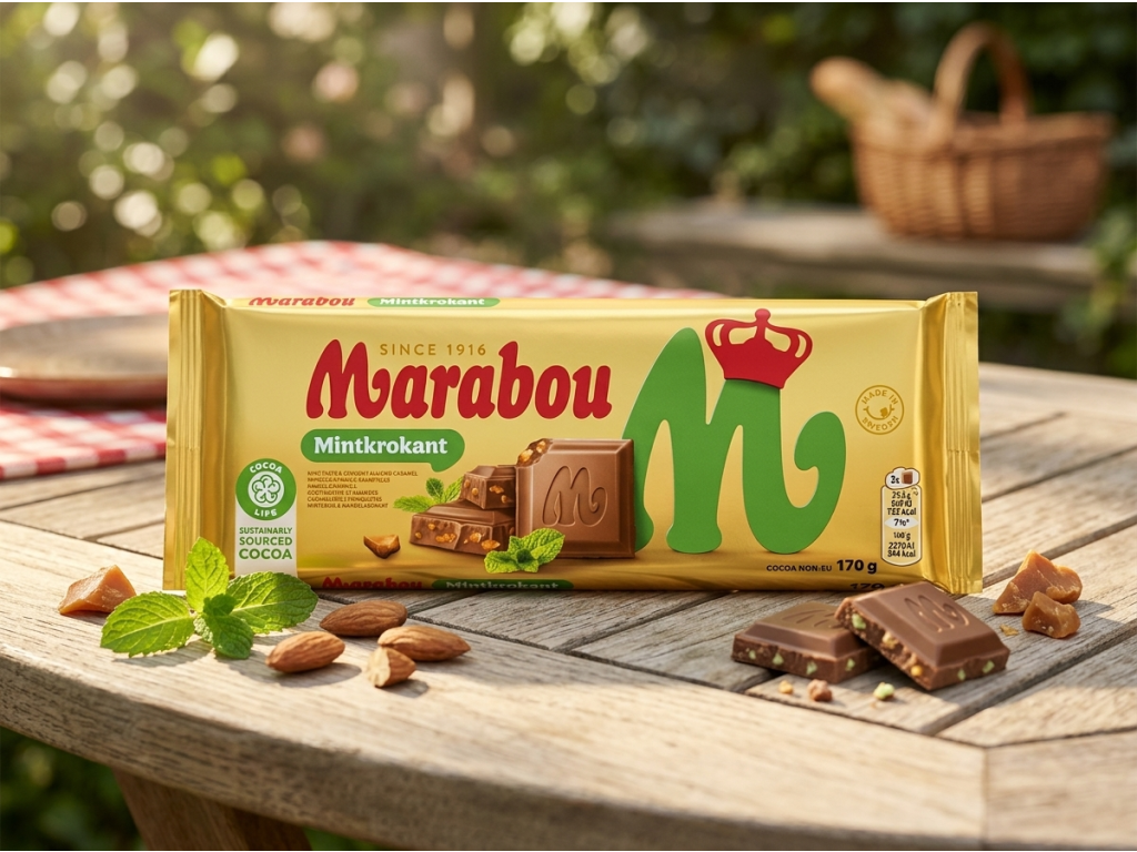 Marabou Mintkrokant mléčná čokoláda s mátou a mandlovým karamelem 170 g - přírodní servírování