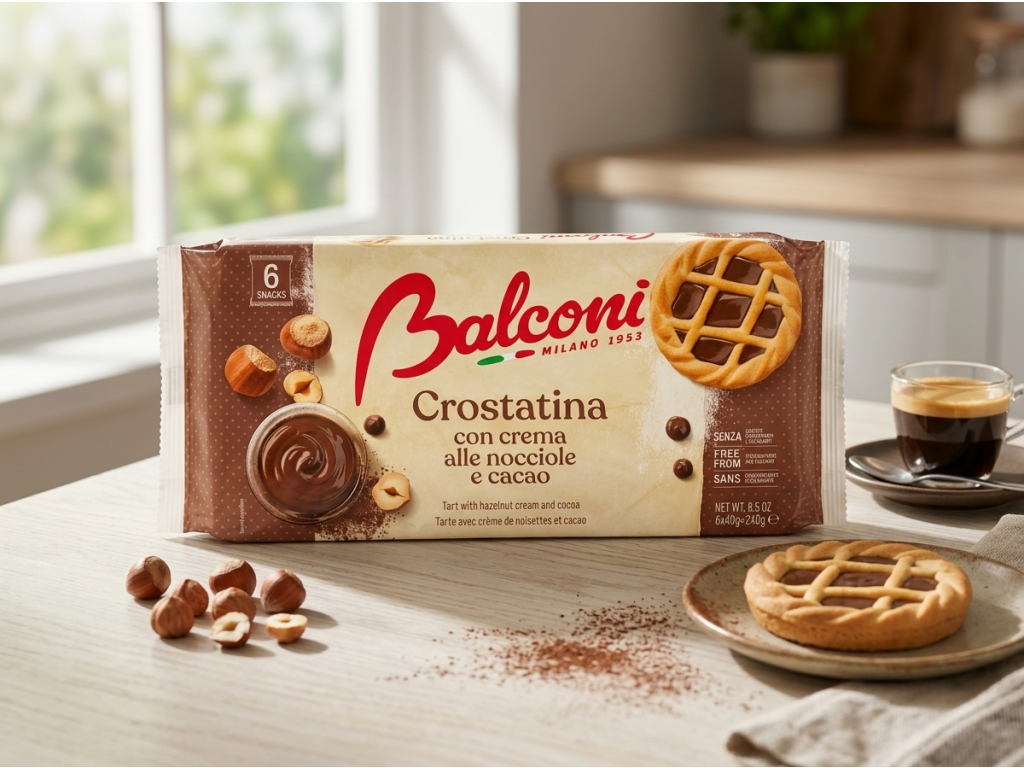 Balconi Crostatine kakaovo-oříškové tartaletky 240 g v italském snídaňovém prostředí