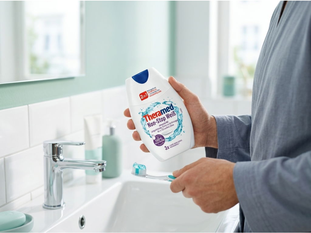 Theramed 2v1 Non-Stop White bělicí zubní pasta gel 75 ml - použití v koupelně