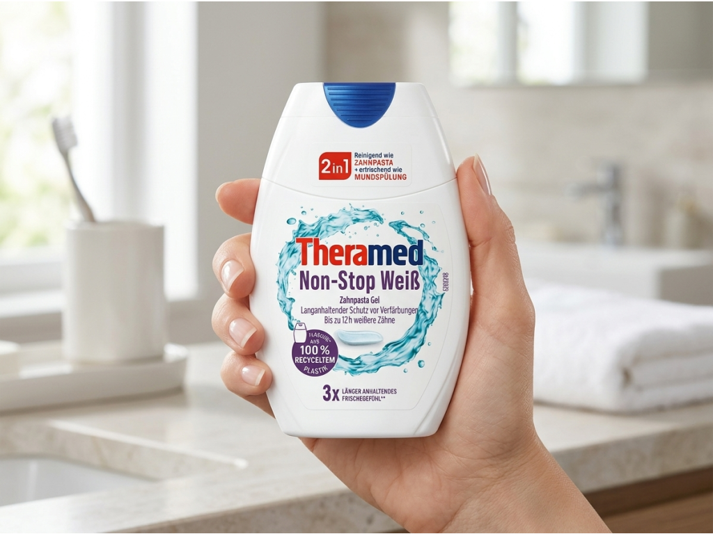 Theramed 2v1 Non-Stop White bělicí zubní pasta gel 75 ml - praktické balení do ruky