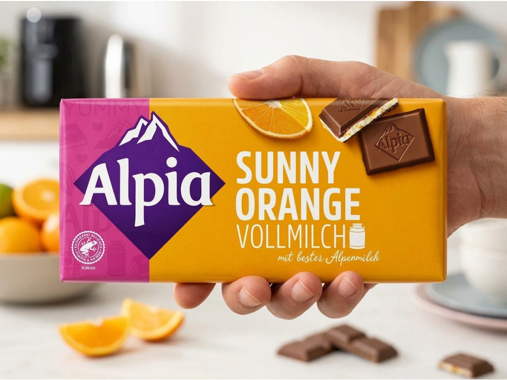 Alpia mléčná čokoláda Sunny Orange s pomerančovou náplní 100 g - produkt v ruce