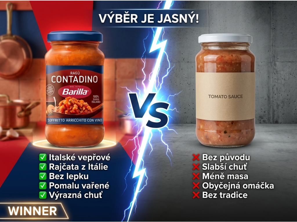 Barilla omáčka Ragú Contadino 300 g - srovnání s běžnou omáčkou