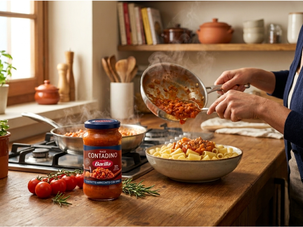 Barilla omáčka Ragú Contadino 300 g - příprava s těstovinami