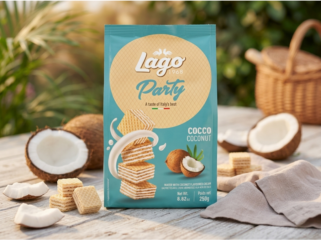 Lago Party Cocco oplatky s kokosovým krémem 250 g - přírodní kokosový kontext