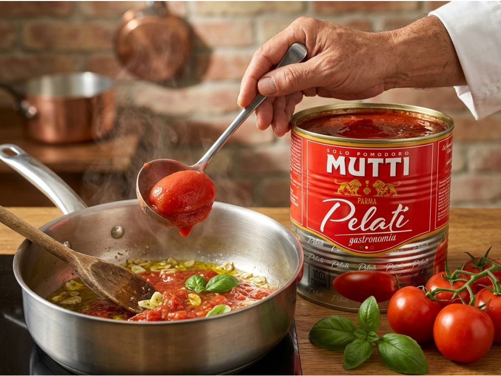 Mutti XL Pelati loupaná rajčata ve šťávě - vaření omáčky