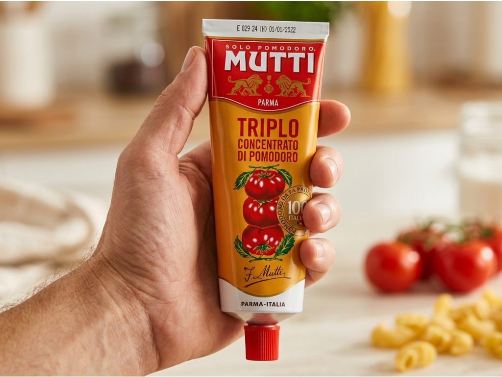 Mutti trojitý rajčatový koncentrát v tubě 280 g - balení v ruce