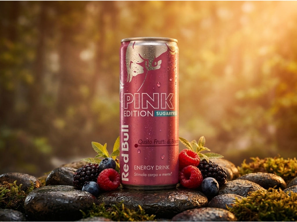 Red Bull Pink edice bez cukru v přírodním prostředí