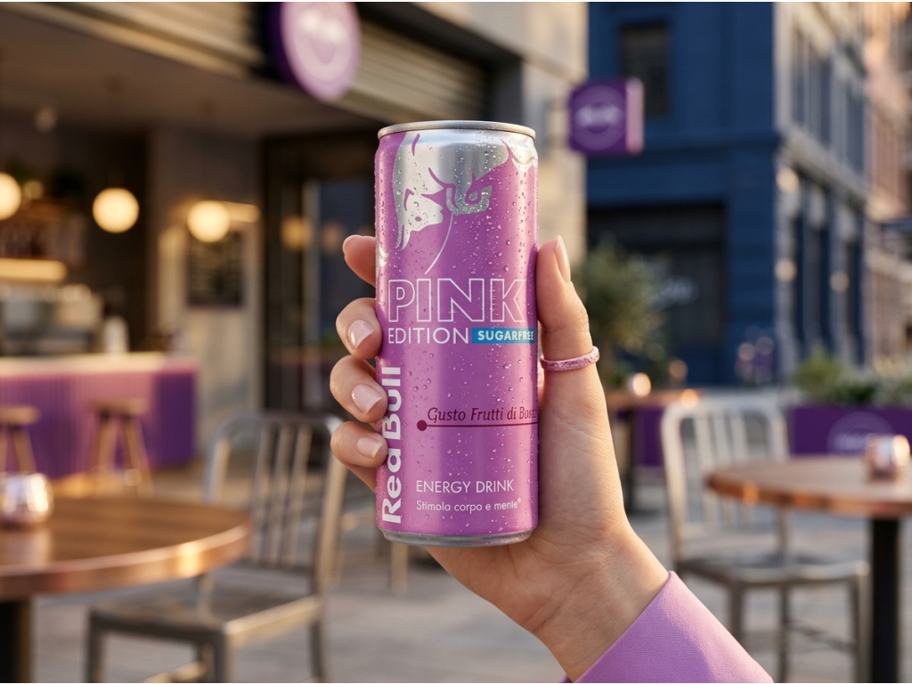Red Bull Pink edice bez cukru držený v ruce